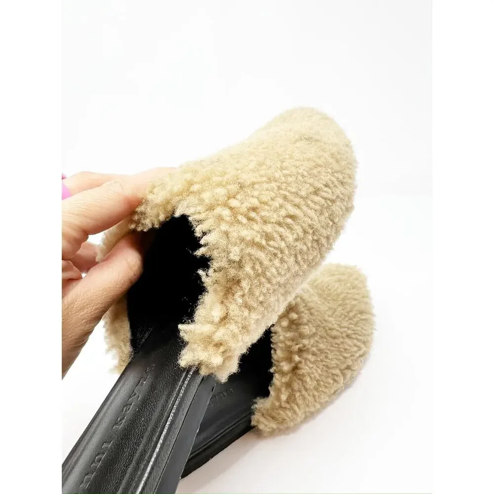 Jenni Kayne Shearling Flat Pointy Toe Mule Slip On Shoe Natural Brown EU 37